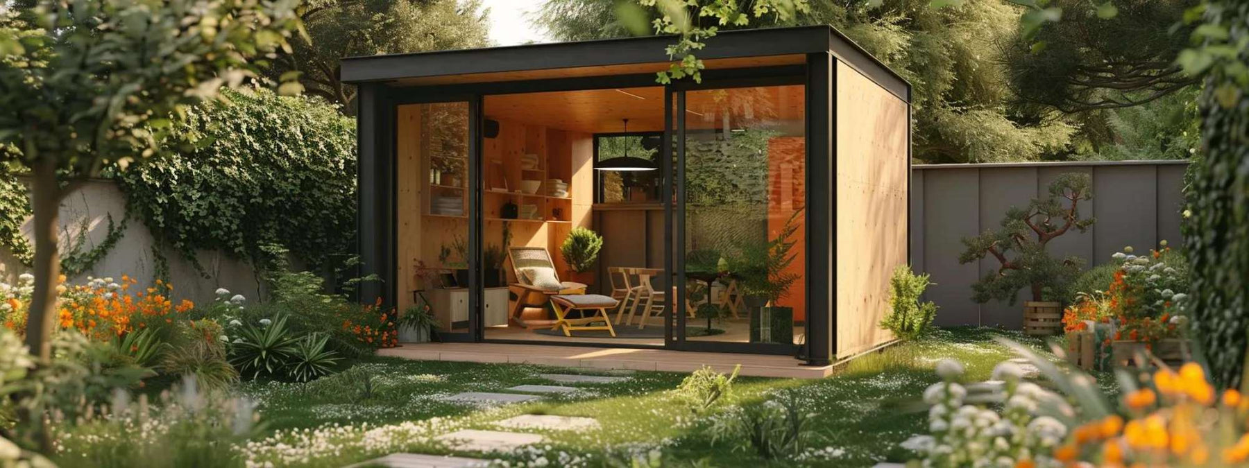Modern glass garden studio with wood interior and seating, perfect for a backyard therapy office rental in a quiet landscaped yard