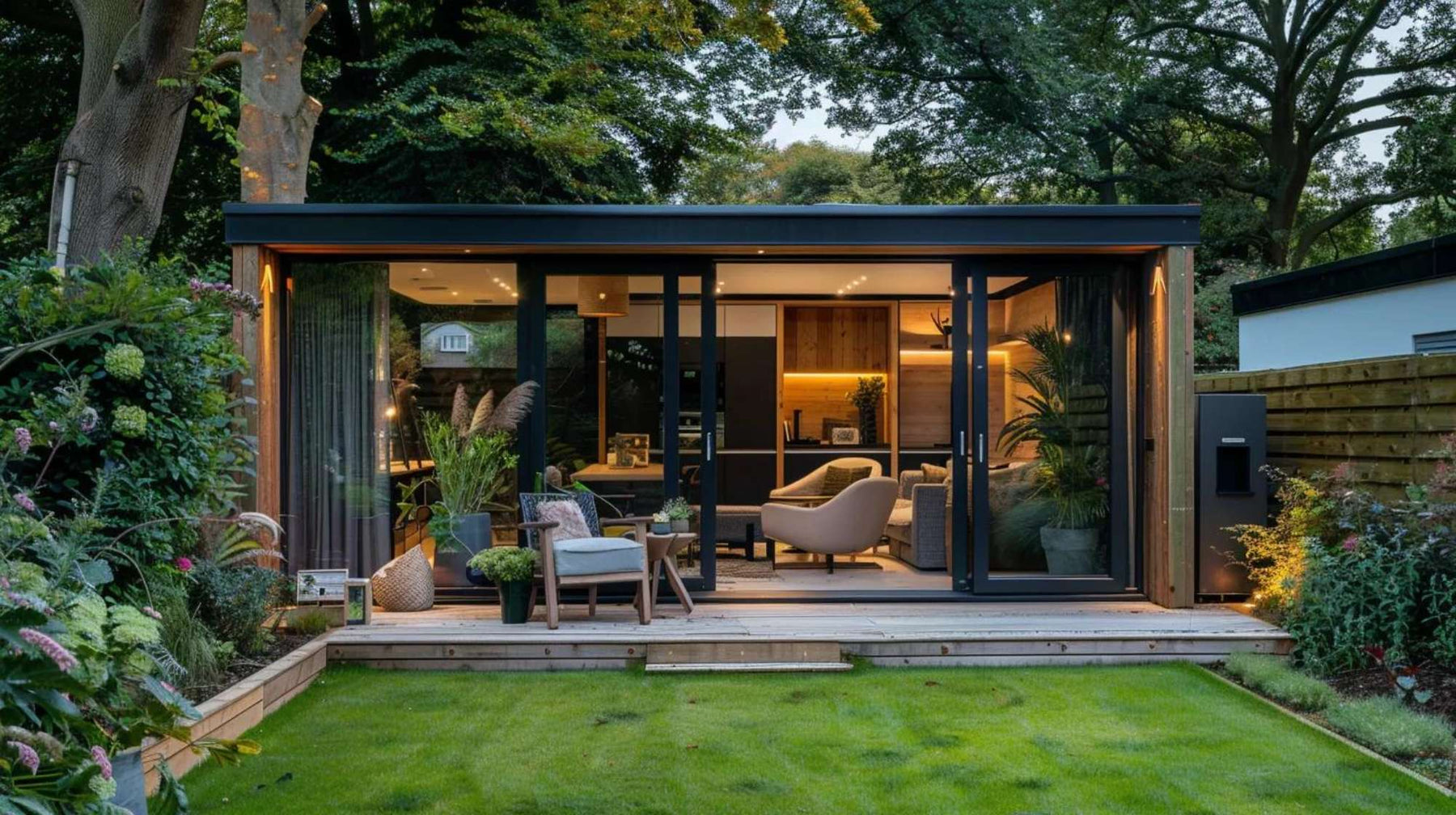 Modern glass she shed therapy office in a landscaped backyard with cozy seating and warm lighting for a calm, private workspace