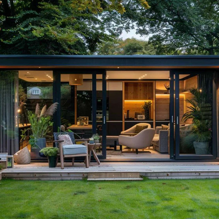 Modern glass she shed therapy office in a landscaped backyard with cozy seating and warm lighting for a calm, private workspace