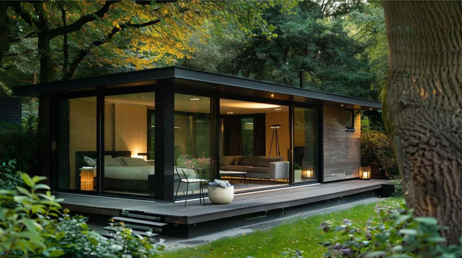 Modern glass-walled backyard home surrounded by trees, designed for privacy and comfort, ideal for generating multigenerational ADU income