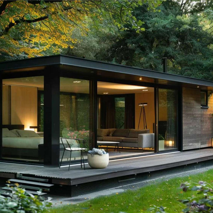 Modern glass-walled backyard home surrounded by trees, designed for privacy and comfort, ideal for generating multigenerational ADU income