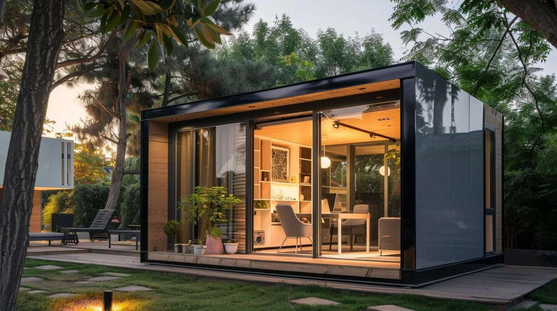 Modern glass-walled backyard studio with warm interior lighting, desk, and seating, designed as a stylish private workspace ideal for generating she shed rental income