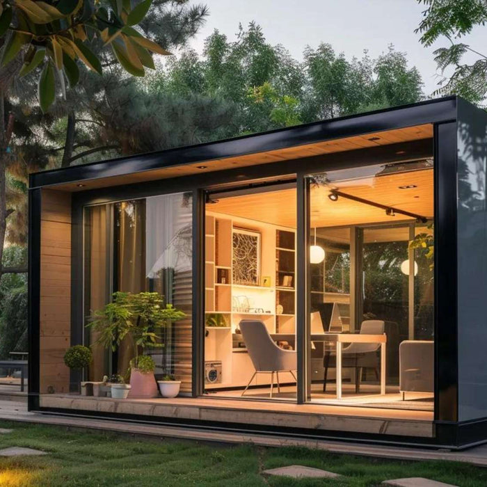 Modern glass-walled backyard studio with warm interior lighting, desk, and seating, designed as a stylish private workspace ideal for generating she shed rental income