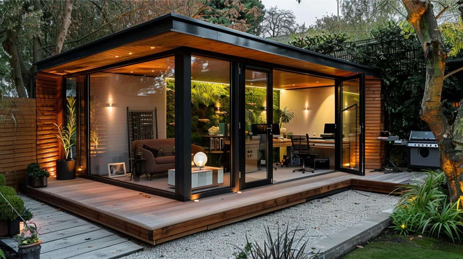 Modern glass-walled backyard studio with warm lighting, a desk setup, and outdoor deck, ideal for a backyard music studio rental
