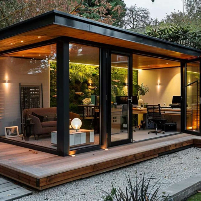 Modern glass-walled backyard studio with warm lighting, a desk setup, and outdoor deck, ideal for a backyard music studio rental