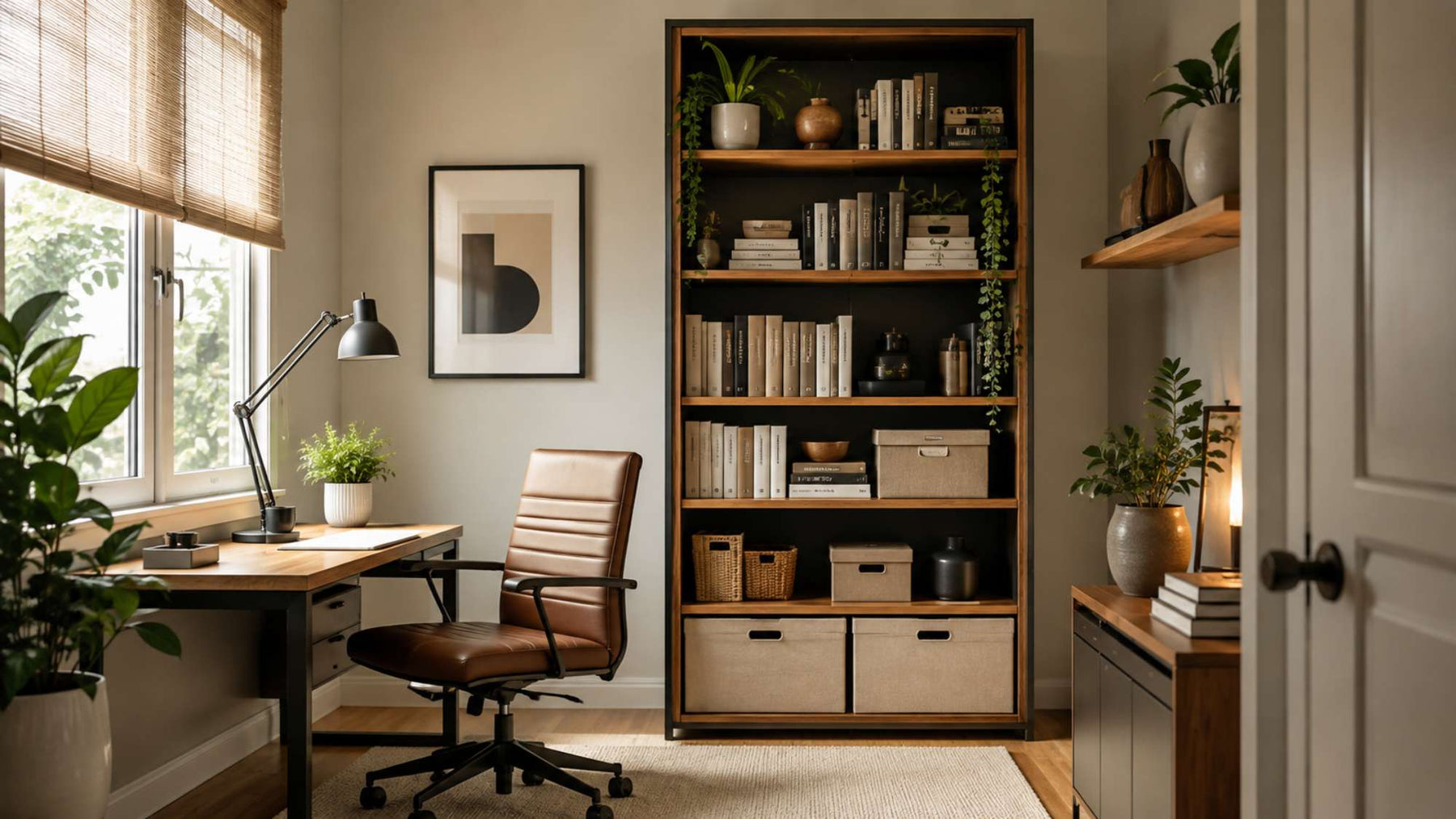 Modern home office bookcase holds books, storage bins, and decor beside a wooden desk and brown office chair in a bright, organized workspace