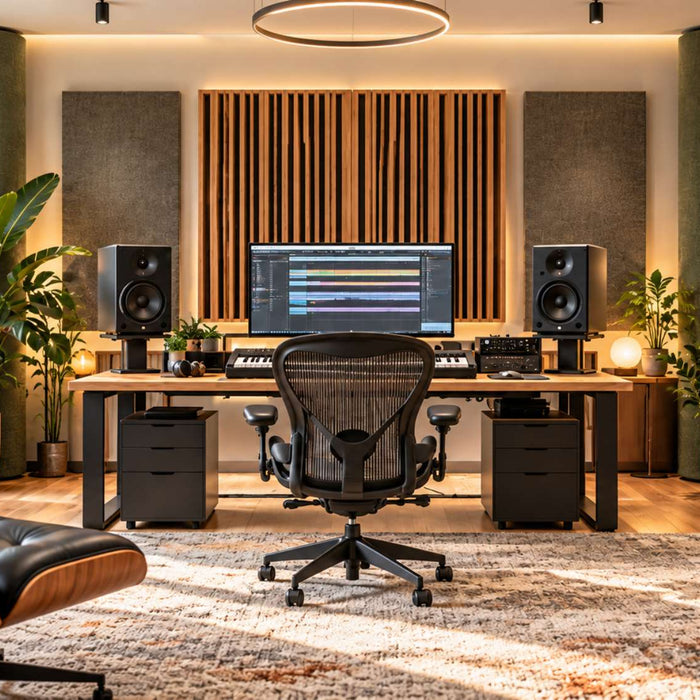 Modern home recording studio with tall green bass trap columns, wall acoustic panels, speakers, a desk, and warm wood decor