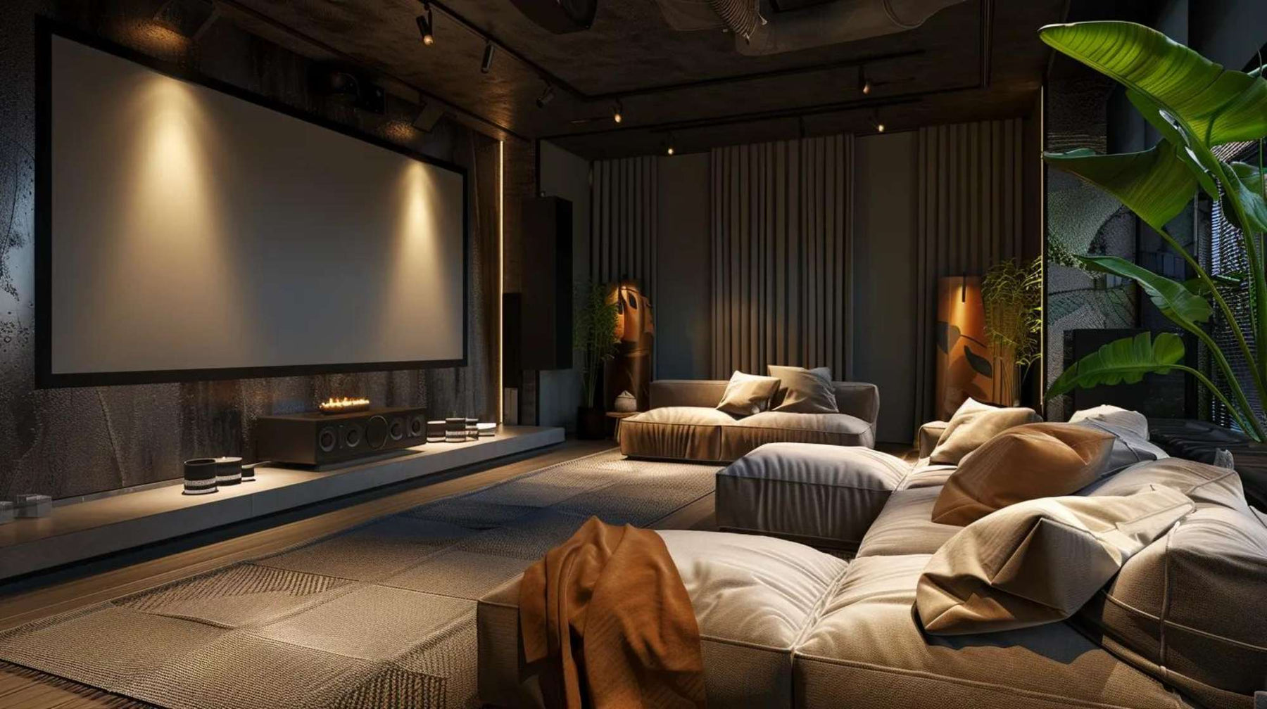 Modern home theater rental shed with large screen, cozy seating, and warm lighting for a private cinema experience