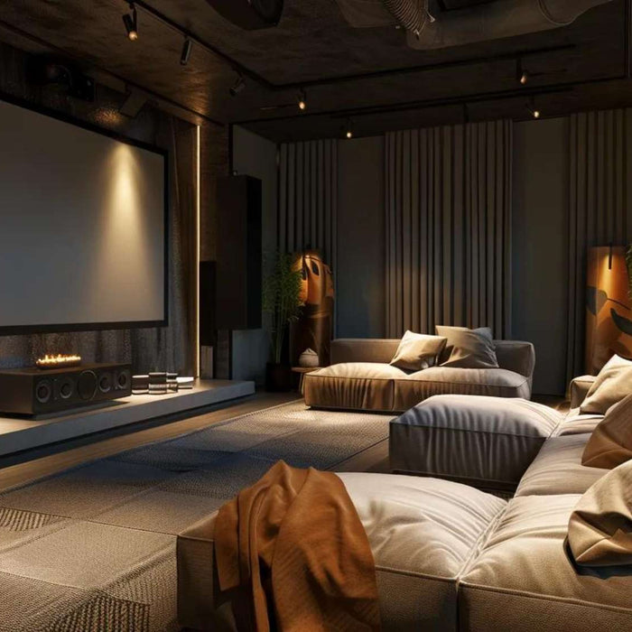 Modern home theater rental shed with large screen, cozy seating, and warm lighting for a private cinema experience