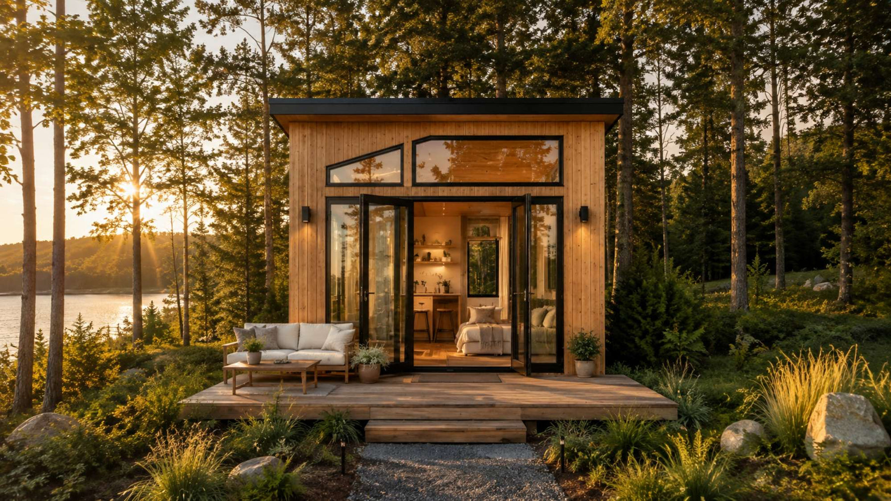 Modern lakeside tiny home with warm wood siding, large windows, and a landscaped deck shows how to design tiny home for Airbnb appeal