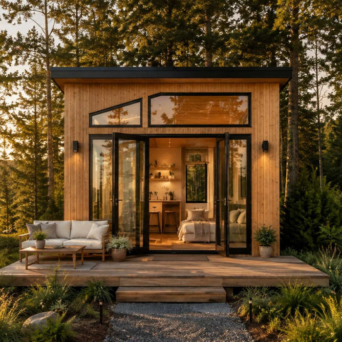 Modern lakeside tiny home with warm wood siding, large windows, and a landscaped deck shows how to design tiny home for Airbnb appeal