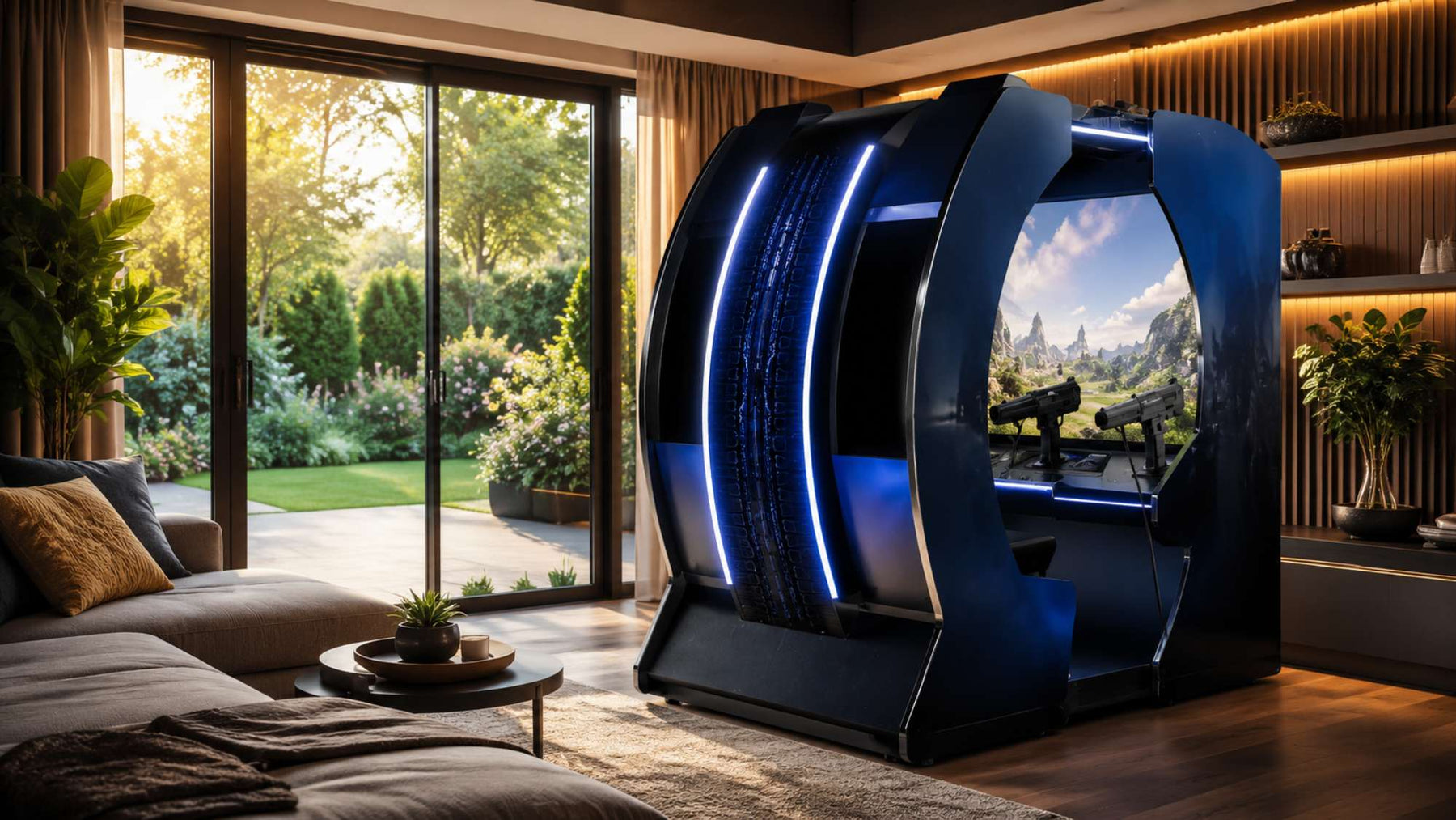 Modern living room with a large multiplayer arcade machine, cozy seating, warm lighting, and a bright garden visible through glass doors