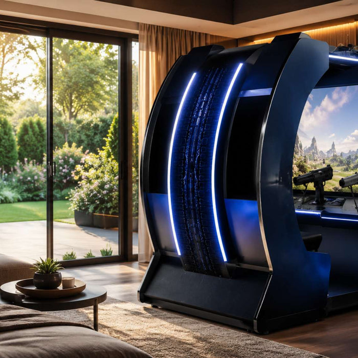 Modern living room with a large multiplayer arcade machine, cozy seating, warm lighting, and a bright garden visible through glass doors