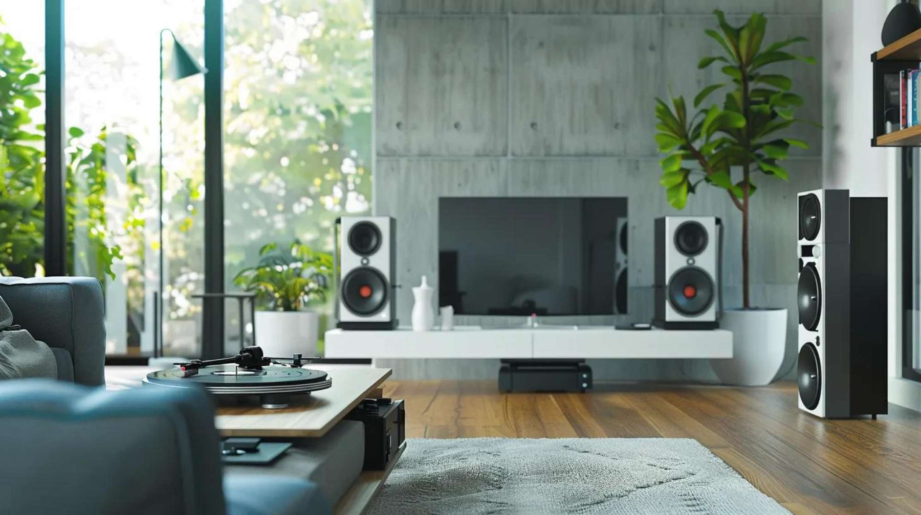 Modern living room with a turntable setup, bookshelf speakers, and floor-standing speakers for high-quality vinyl listening