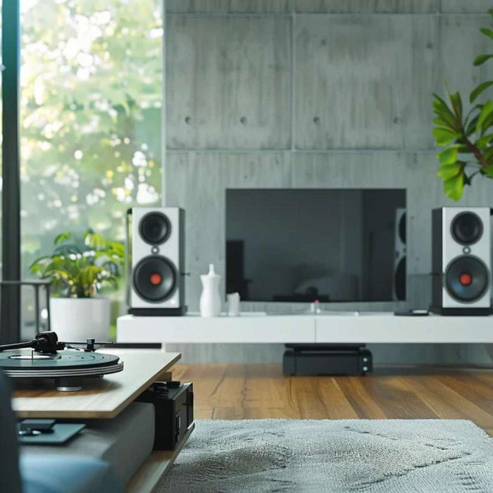 Modern living room with a turntable setup, bookshelf speakers, and floor-standing speakers for high-quality vinyl listening