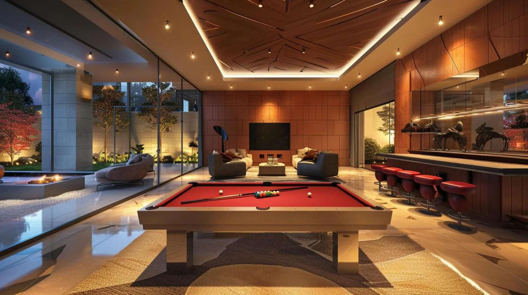 Modern luxury entertainment space with a pool table, lounge seating, and bar area, illustrating home game room vs man cave design ideas
