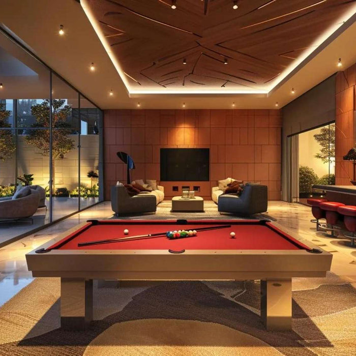 Modern luxury entertainment space with a pool table, lounge seating, and bar area, illustrating home game room vs man cave design ideas