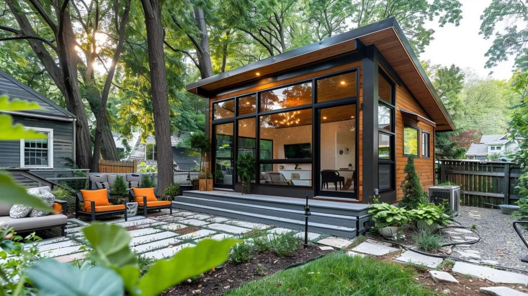 Modern minimalist she sheds with large windows, wood accents, and a cozy patio nestled in a landscaped backyard
