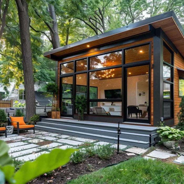 Modern minimalist she sheds with large windows, wood accents, and a cozy patio nestled in a landscaped backyard