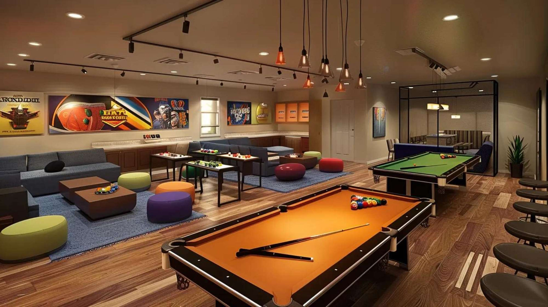 Modern multi purpose game room design with billiards tables, cozy sofas, gaming tables, and warm overhead lighting