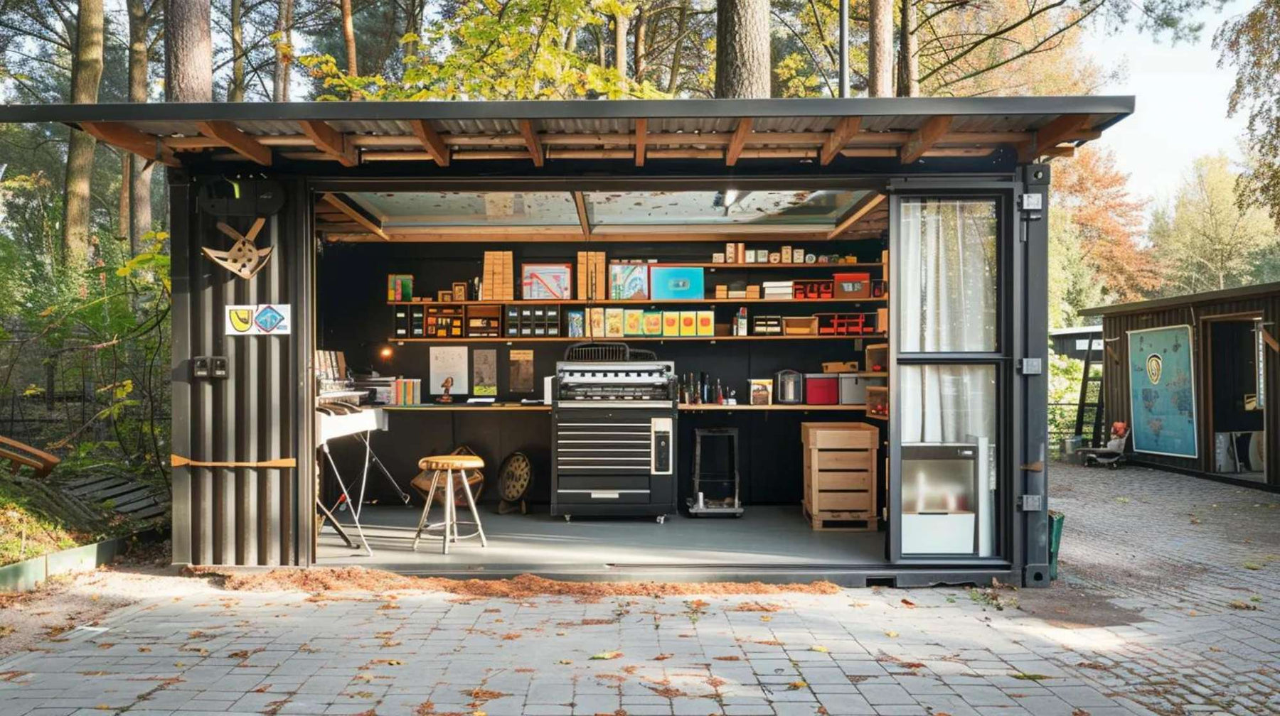 Modern open backyard workshop shed with organized tools, shelves, and printing equipment, ideal for a shed printing business setup