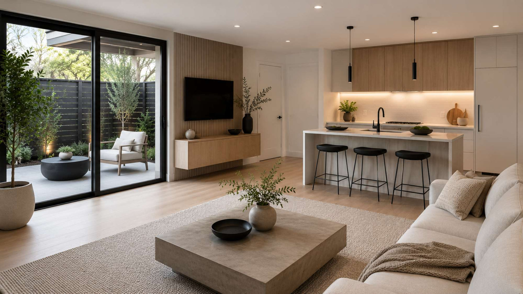 Modern open-plan ADU rental with a minimalist living room, sleek kitchen, and private outdoor patio featuring contemporary furniture and natural light