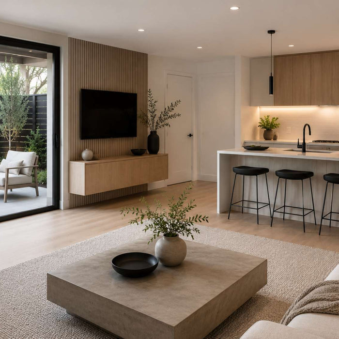 Modern open-plan ADU rental with a minimalist living room, sleek kitchen, and private outdoor patio featuring contemporary furniture and natural light