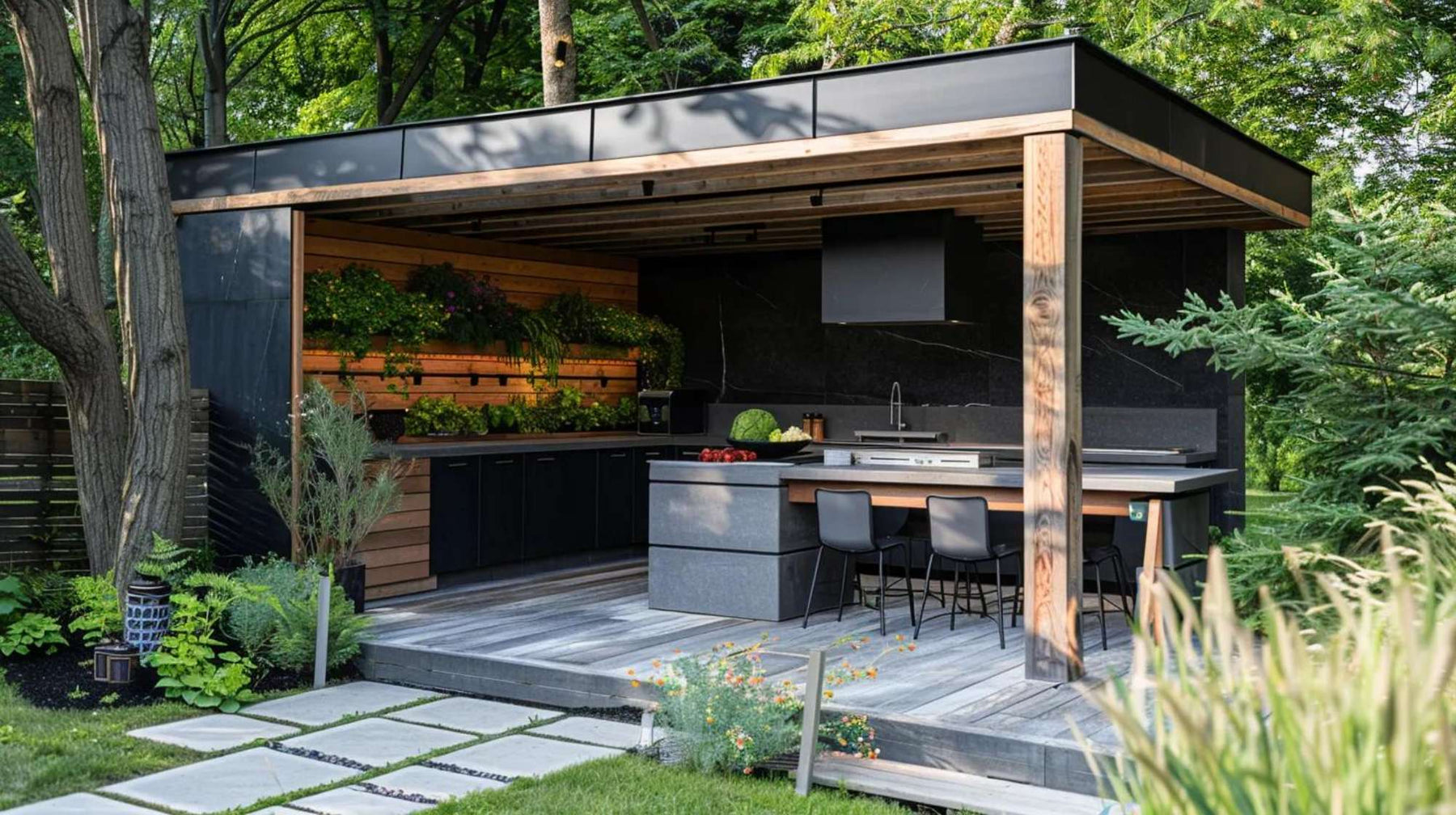 Modern outdoor cooking class studio with a covered kitchen, bar seating, built-in grill, and lush greenery surrounding a clean wooden deck