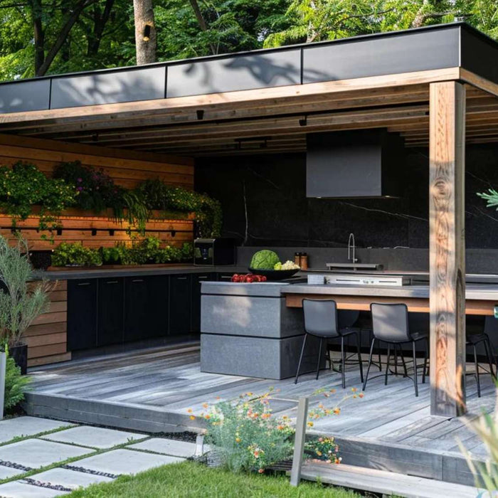 Modern outdoor cooking class studio with a covered kitchen, bar seating, built-in grill, and lush greenery surrounding a clean wooden deck