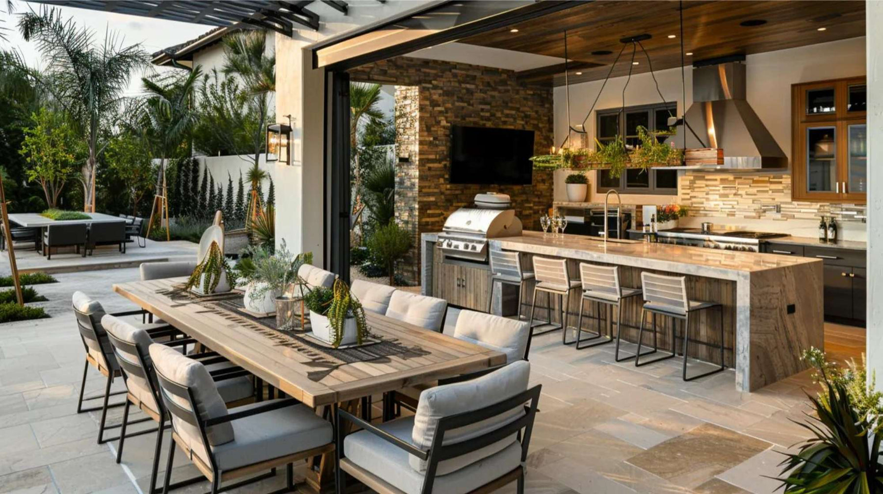 Modern outdoor kitchen BBQ with built-in grill, bar seating, and spacious dining area on a covered patio for stylish backyard entertaining