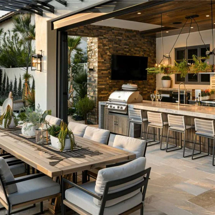 Modern outdoor kitchen BBQ with built-in grill, bar seating, and spacious dining area on a covered patio for stylish backyard entertaining