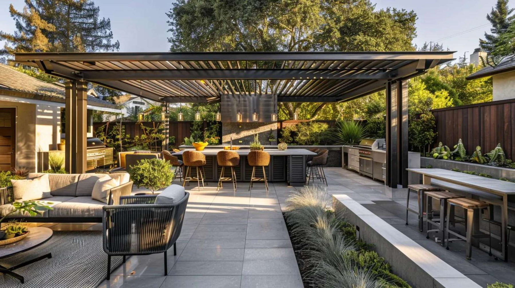 Modern outdoor kitchen and seating area under a sleek metal backyard pergola style with adjustable slats, surrounded by greenery