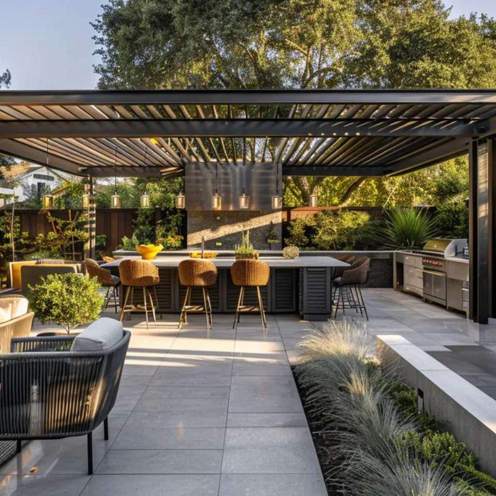 Modern outdoor kitchen and seating area under a sleek metal backyard pergola style with adjustable slats, surrounded by greenery