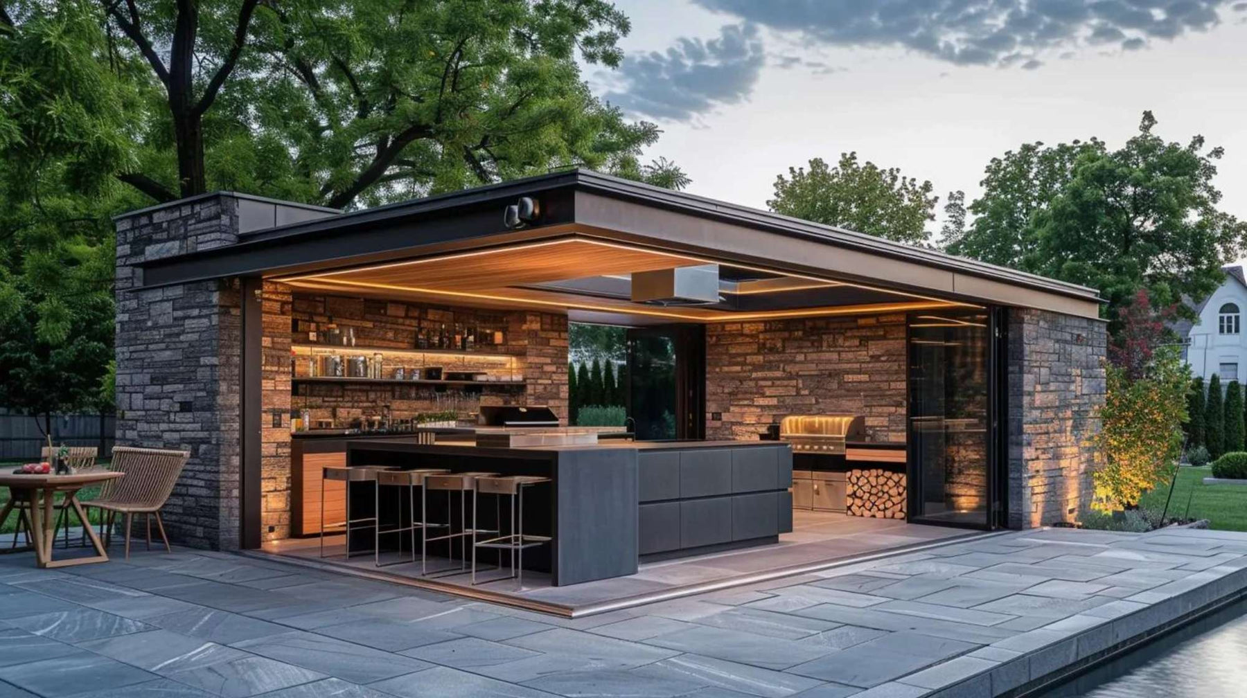 Modern outdoor kitchen with stone design, bar seating, and built-in grill for an outdoor cooking YouTube studio