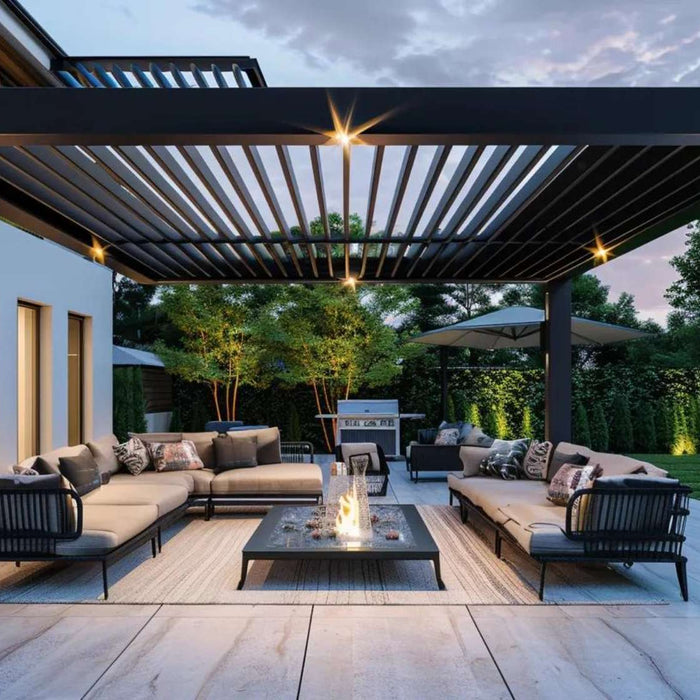 Modern outdoor living area with a black aluminum pergola over lounge seating and a fire table, highlighting the importance of pergola warranties