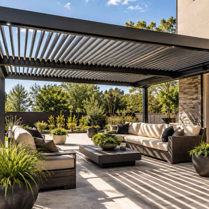 Modern outdoor living area with an energy efficient pergola, louvered roof, shaded seating, planters, and a landscaped backyard