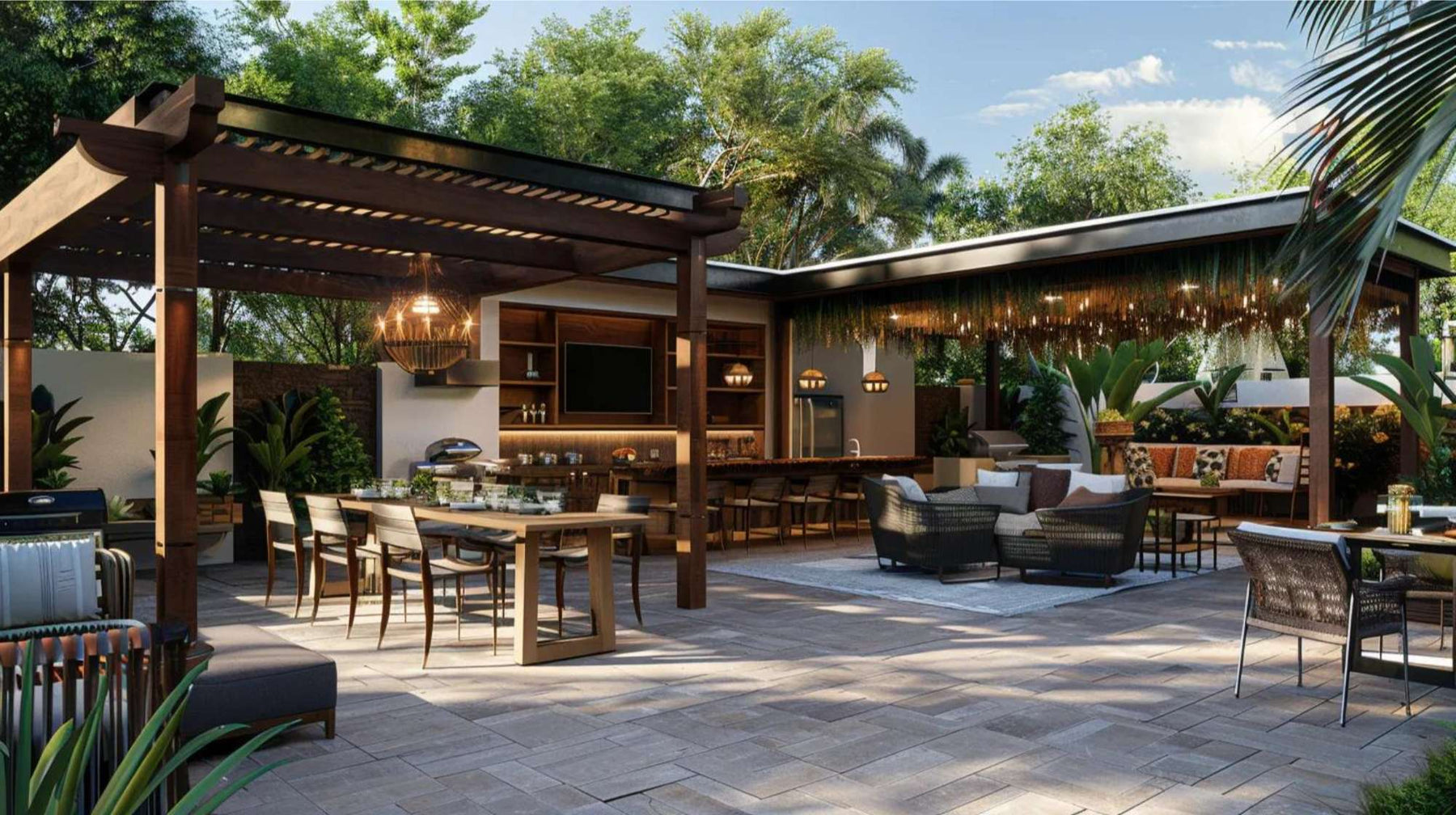 Modern outdoor patio with a wooden pergola, dining table, lounge seating, and kitchen area, ideal for a pergola corporate event rental space