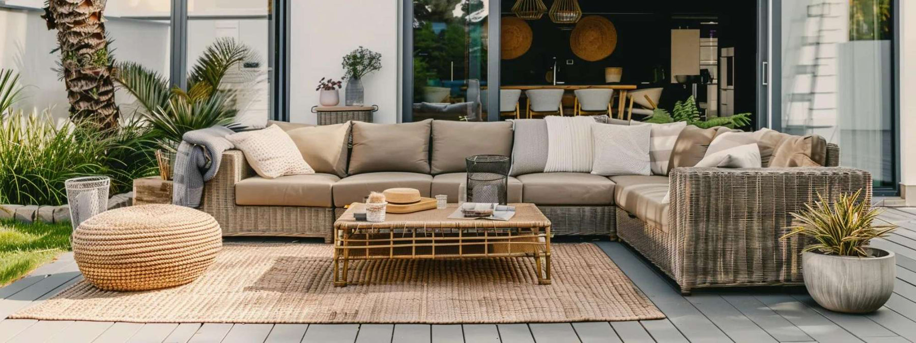 Modern patio with a large wicker sectional sofa, wooden coffee table, woven pouf, potted plants, and neutral outdoor rugs layered over a gray deck