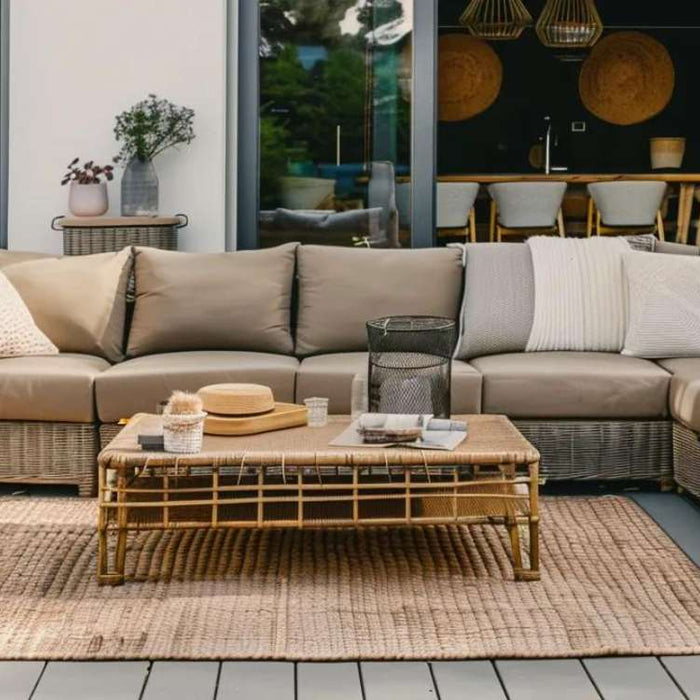 Modern patio with a large wicker sectional sofa, wooden coffee table, woven pouf, potted plants, and neutral outdoor rugs layered over a gray deck