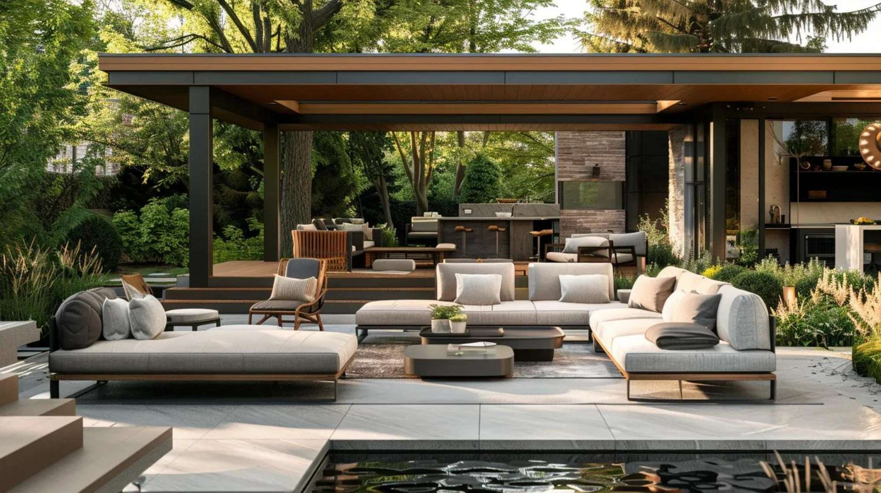 Modern patio with cushioned sofas under a covered pergola surrounded by greenery, emphasizing the need to maintain outdoor furniture for lasting comfort and style