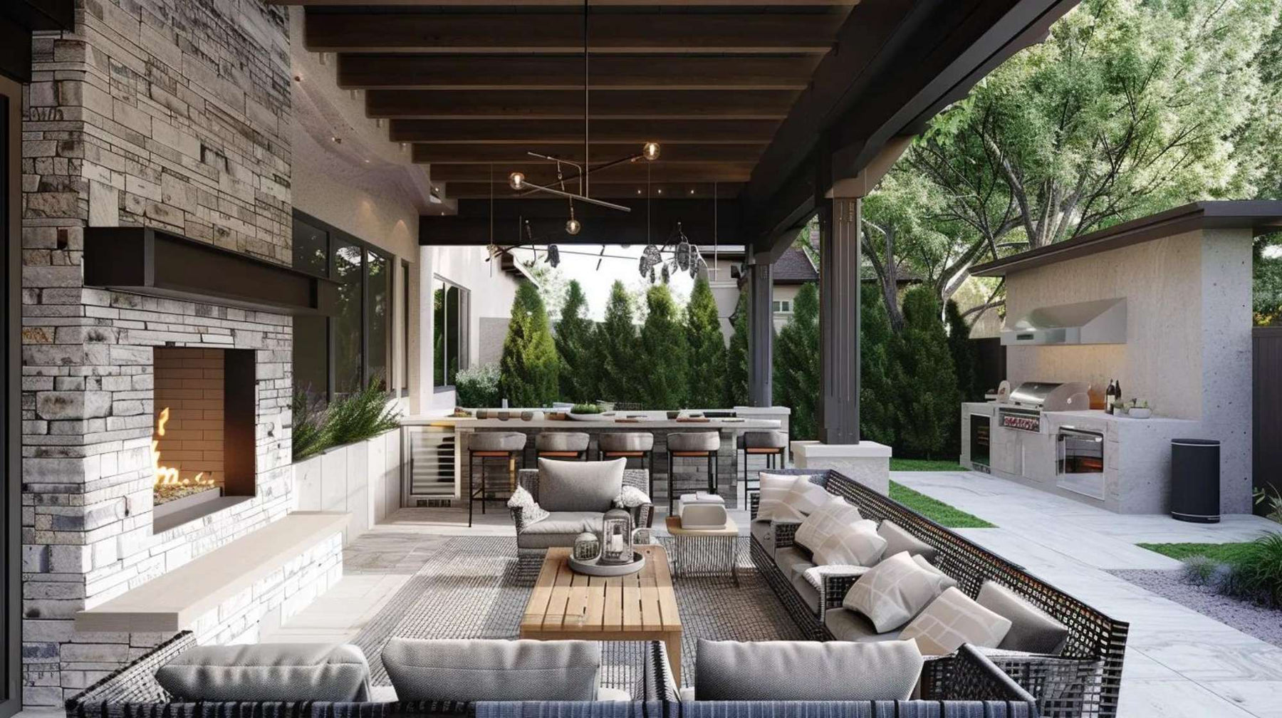 Modern patio with outdoor living features including a stone fireplace, cushioned seating, covered pergola, and a fully equipped outdoor kitchen with bar seating
