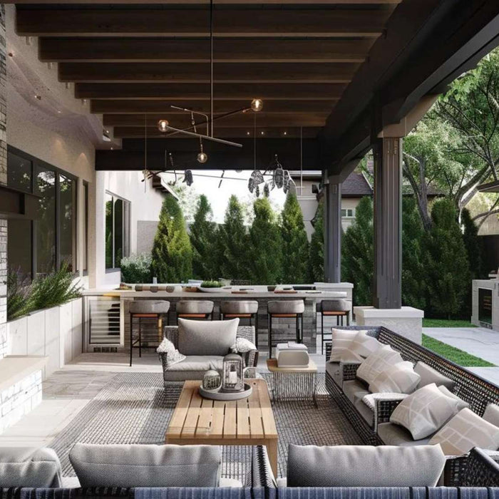 Modern patio with outdoor living features including a stone fireplace, cushioned seating, covered pergola, and a fully equipped outdoor kitchen with bar seating