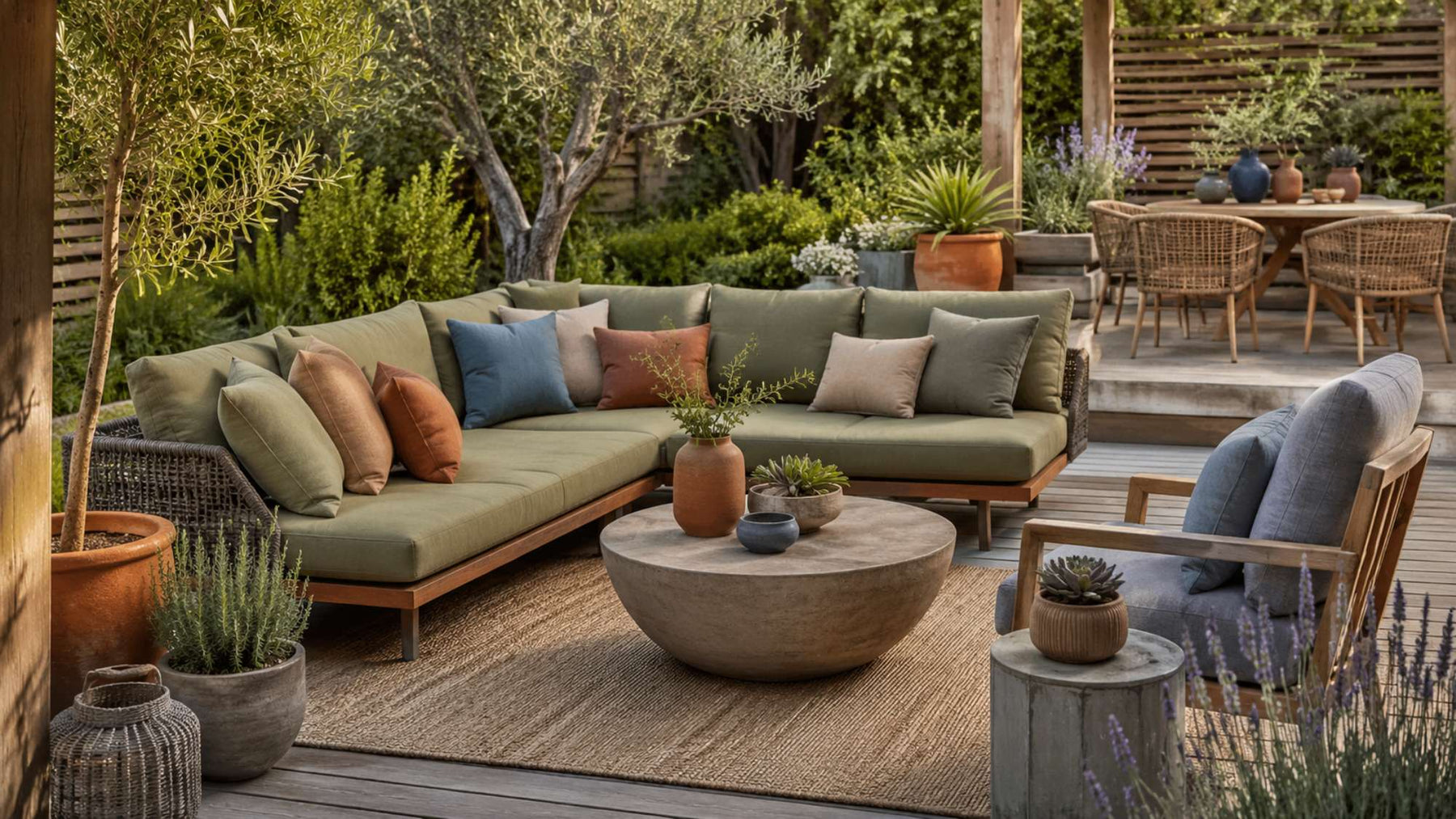 Modern patio with sage seating, blue and terracotta accents, warm wood furniture, and layered greenery showcasing stylish outdoor furniture colors