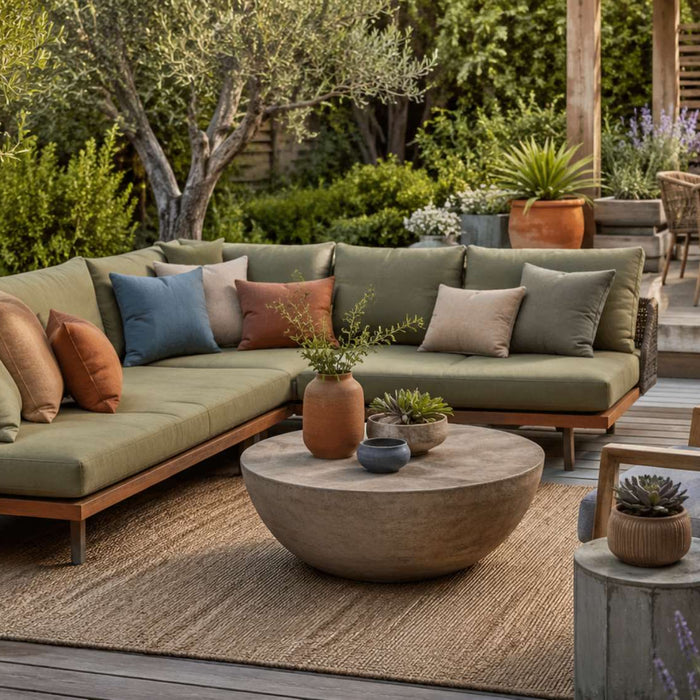 Modern patio with sage seating, blue and terracotta accents, warm wood furniture, and layered greenery showcasing stylish outdoor furniture colors