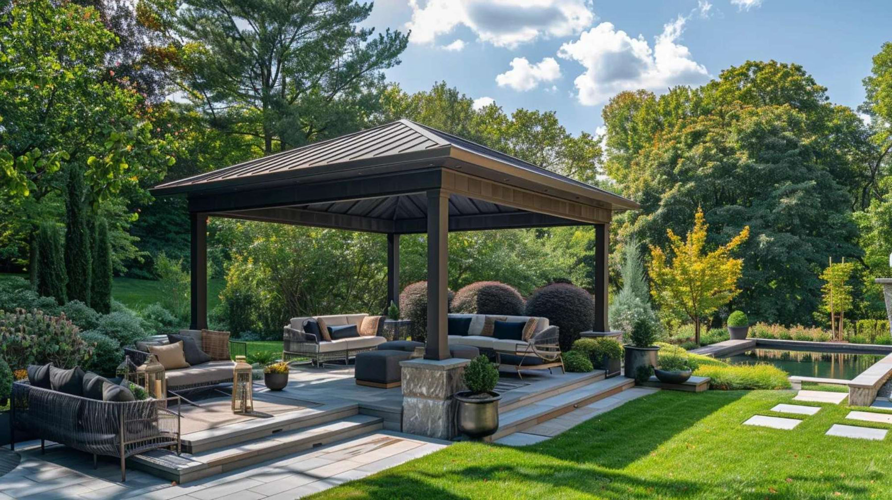 Modern pavilions with a dark metal roof and outdoor seating area surrounded by lush trees landscaped gardens and a small reflecting pool