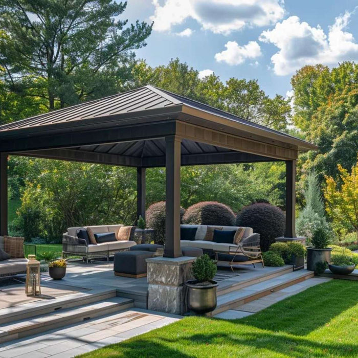 Modern pavilions with a dark metal roof and outdoor seating area surrounded by lush trees landscaped gardens and a small reflecting pool