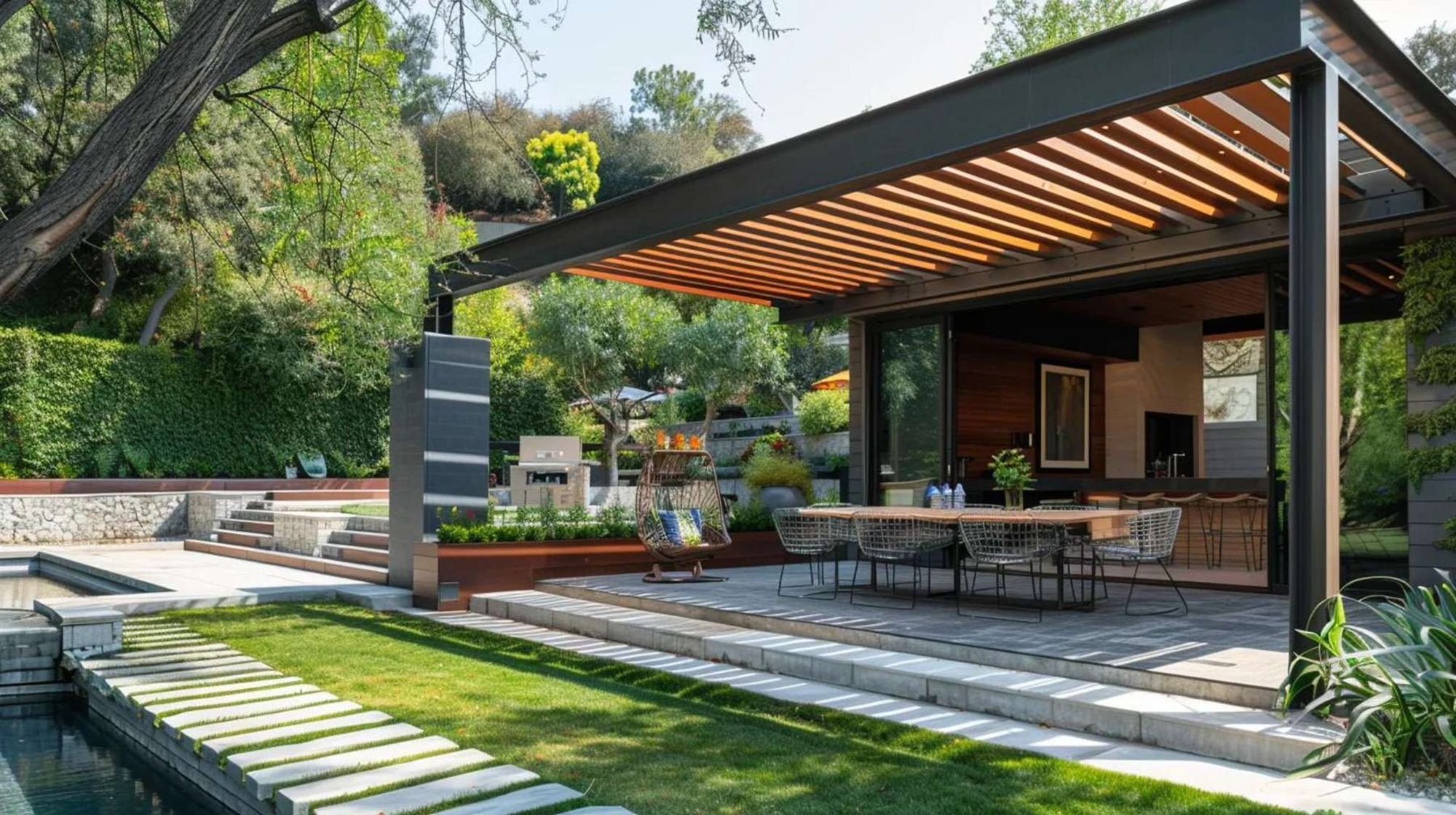Modern pergola patio with dining seating, garden views, and open space suitable for building backyard paint and sip income