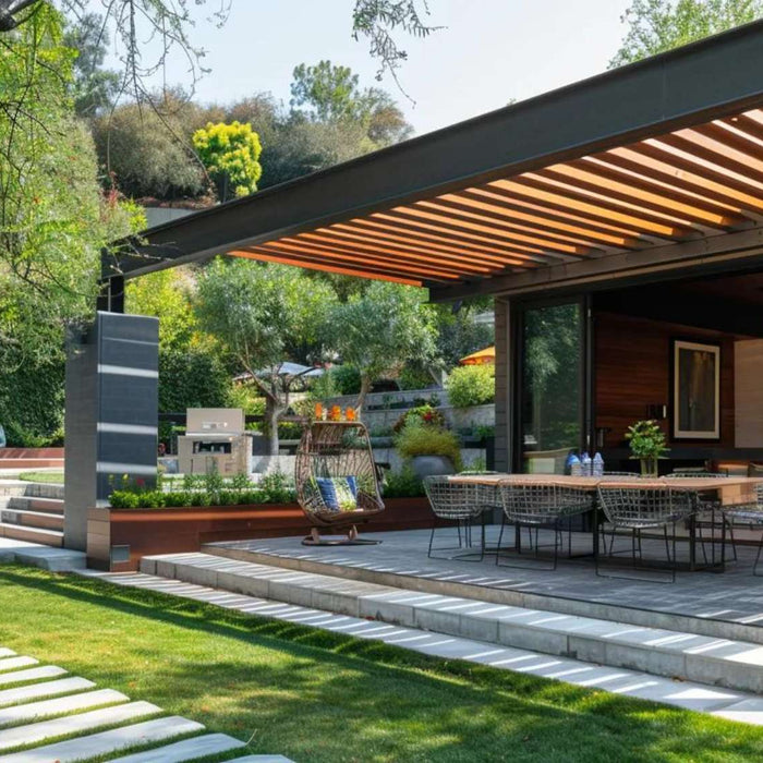 Modern pergola patio with dining seating, garden views, and open space suitable for building backyard paint and sip income