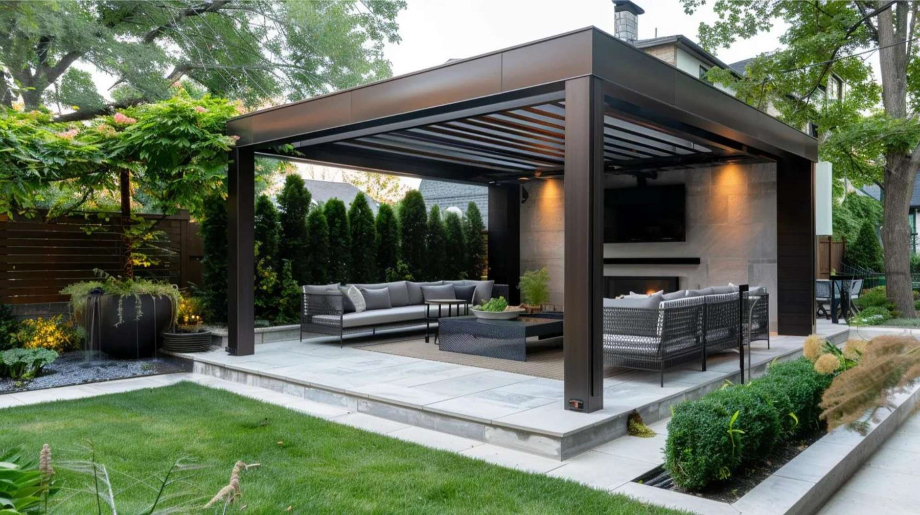 Modern pergola with a slatted roof, outdoor sofas, a fireplace, and a TV creates a stylish backyard lounge designed to generate seasonal backyard event income