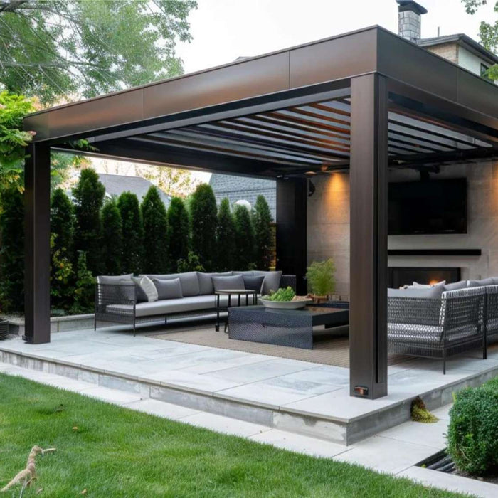 Modern pergola with a slatted roof, outdoor sofas, a fireplace, and a TV creates a stylish backyard lounge designed to generate seasonal backyard event income